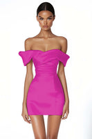 Load image into Gallery viewer, Satin Ruched Off the Shoulder Sheath Little White Dress