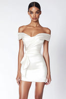 Load image into Gallery viewer, Sheath Satin Ruched Off the Shoulder Little White Dress with Ruffles