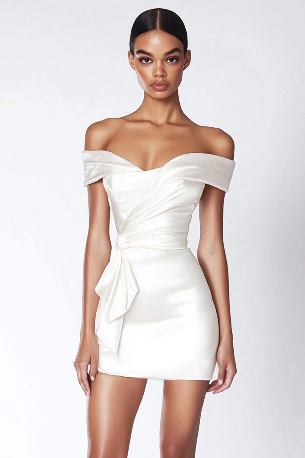 Sheath Satin Ruched Off the Shoulder Little White Dress with Ruffles