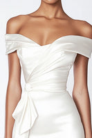 Load image into Gallery viewer, Sheath Satin Ruched Off the Shoulder Little White Dress with Ruffles