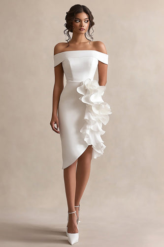 Sheath Ruffled Off the Shoulder Asymmetrical Little White Dress