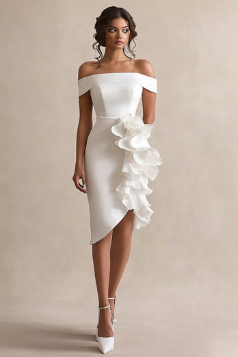 Sheath Ruffled Off the Shoulder Asymmetrical Little White Dress