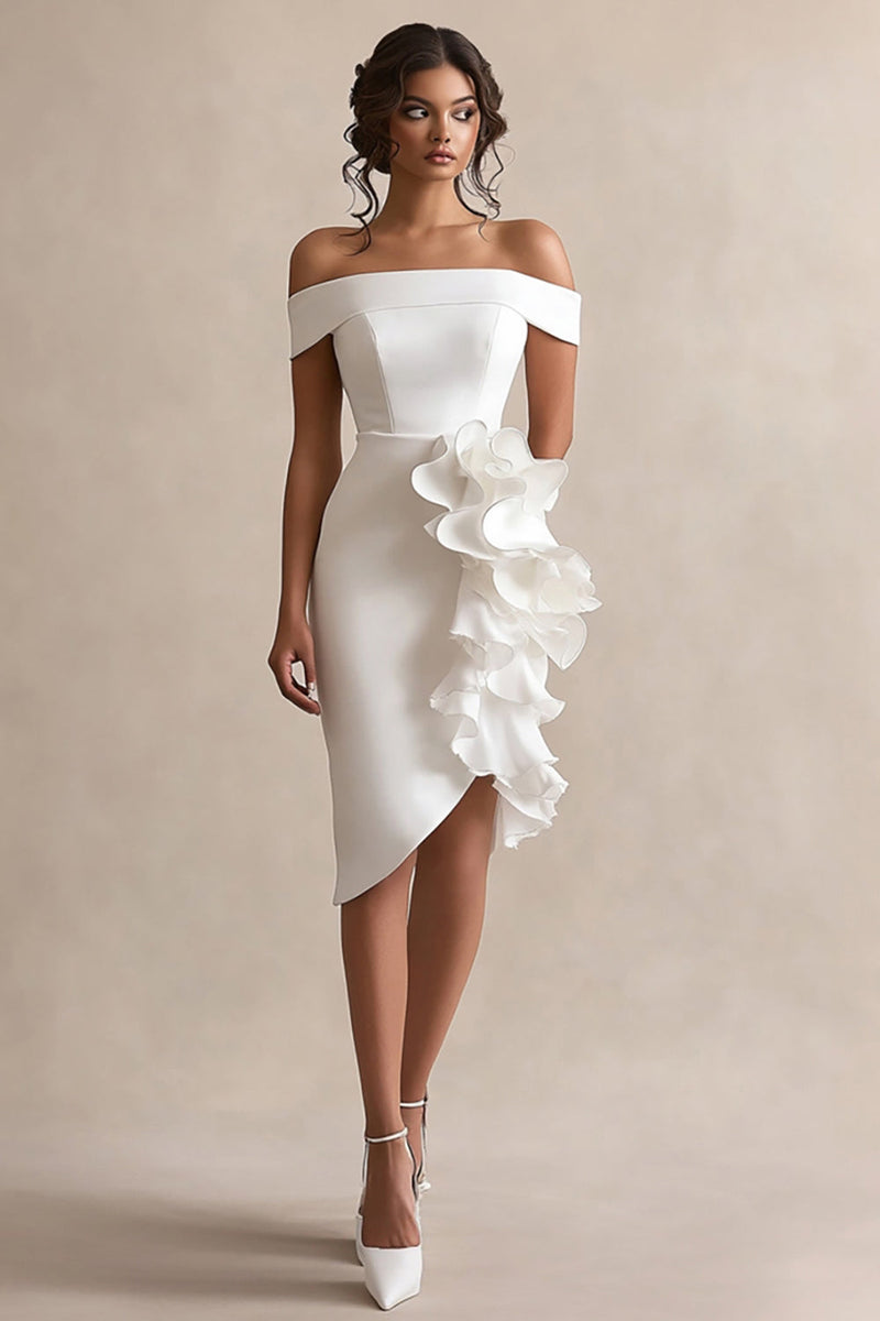 Load image into Gallery viewer, Sheath Ruffled Off the Shoulder Asymmetrical Little White Dress