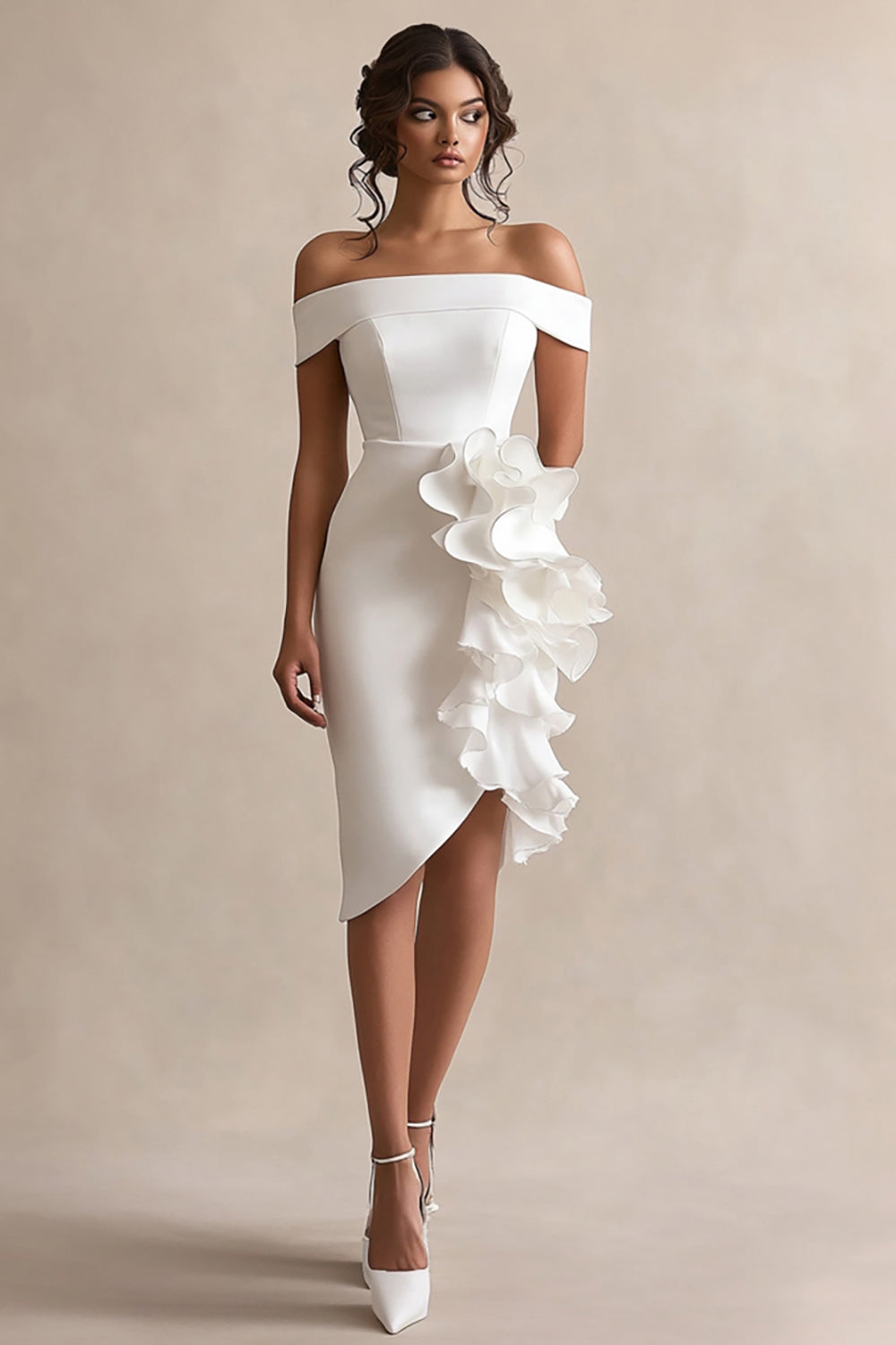 Sheath Ruffled Off the Shoulder Asymmetrical Little White Dress