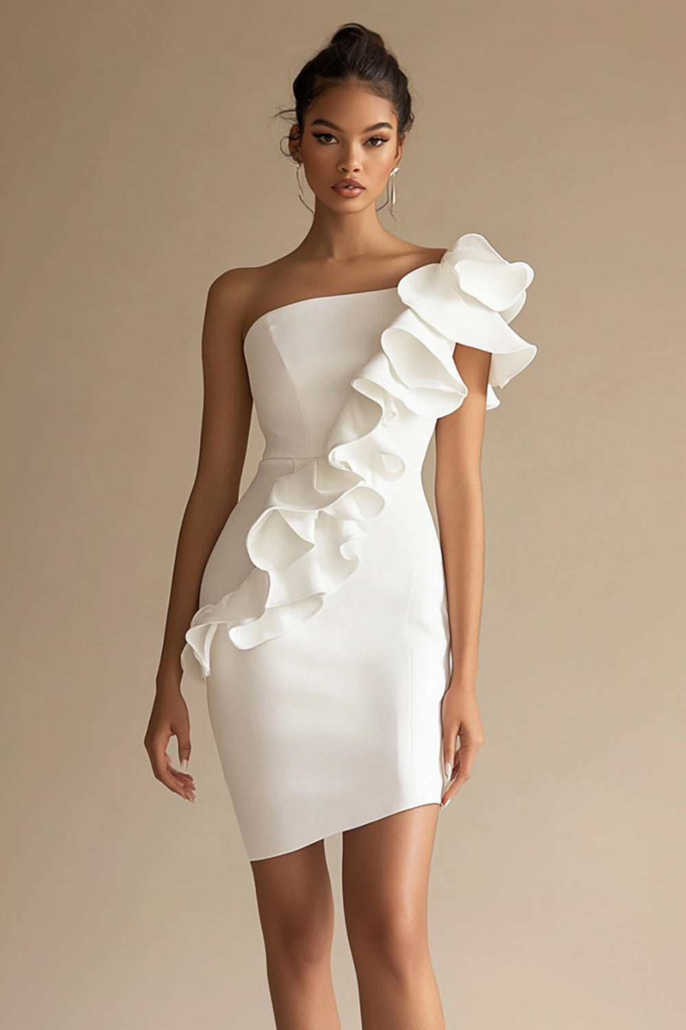 One Shoulder Sheath Little White Dress with Ruffles