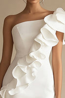Load image into Gallery viewer, One Shoulder Sheath Little White Dress with Ruffles