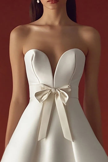 A Line Strapless V-Neck Little White Dress with Bow