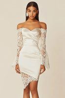 Load image into Gallery viewer, Satin Sheath Off the Shoulder Little White Dress with Lace