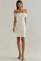 Load image into Gallery viewer, White Satin Bodycon Off the Shoulder Graduation Dress with Fringes