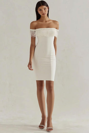 White Satin Bodycon Off the Shoulder Graduation Dress with Fringes