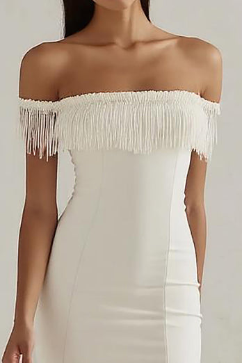 White Satin Bodycon Off the Shoulder Graduation Dress with Fringes