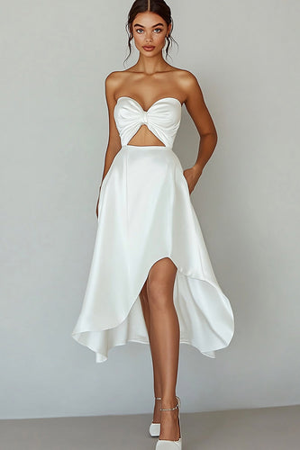 White Sweetheart A Line Satin Keyhole Graduation Dress with Slit