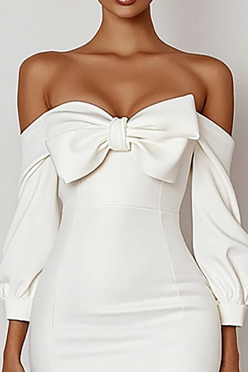 Bodycon Off the Shoulder Satin Graduation White Dress with Bow