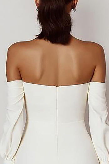 Bodycon Off the Shoulder Satin Graduation White Dress with Bow