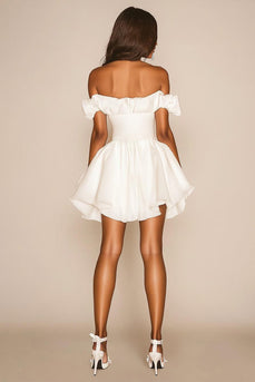 White A Line Off the Shoulder Ruffled Satin Graduation Dress