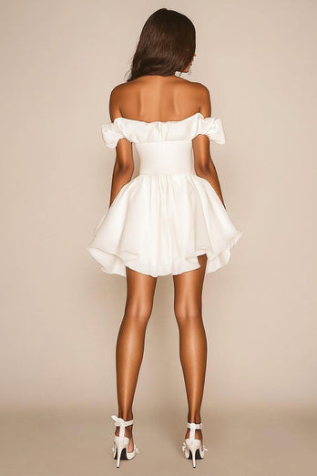 White A Line Off the Shoulder Ruffled Satin Graduation Dress