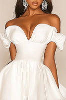 Load image into Gallery viewer, White A Line Off the Shoulder Ruffled Satin Bridal Shower Dress