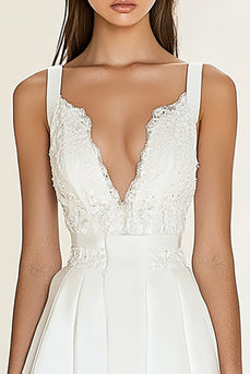 White Satin Pleated Graduation Dress with Lace