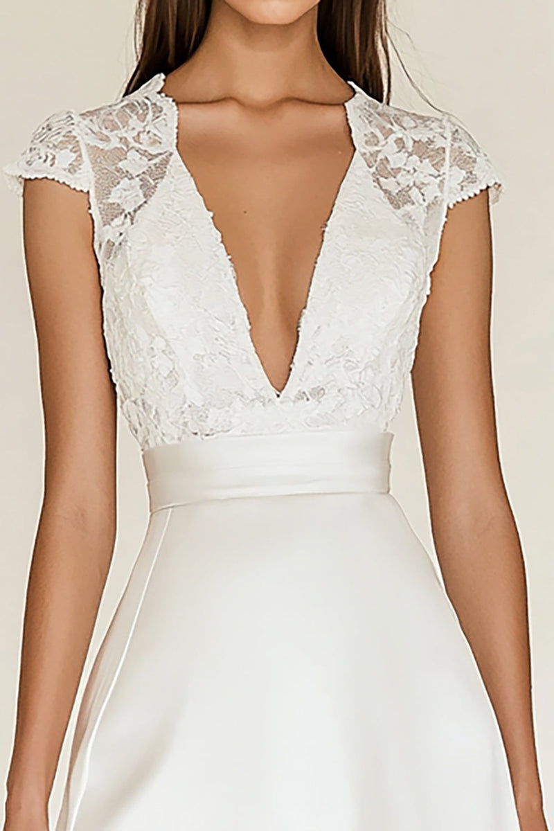 Load image into Gallery viewer, White Deep V-Neck Satin Graduation Dress with Cap Sleeves