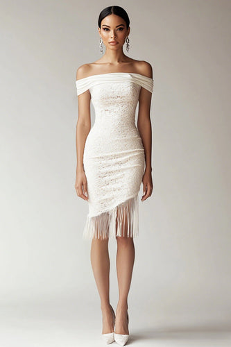 White Lace Asymmetrical Bodycon Graduation Dress with Fringes