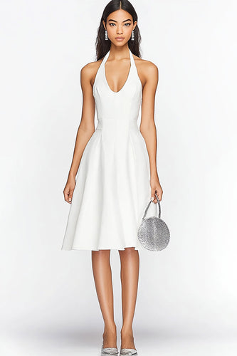 White A Line Satin Knee-Length Graduation Dress