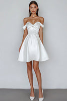 Load image into Gallery viewer, White Satin Sweetheart A Line Off the Shoulder Graduation Dress