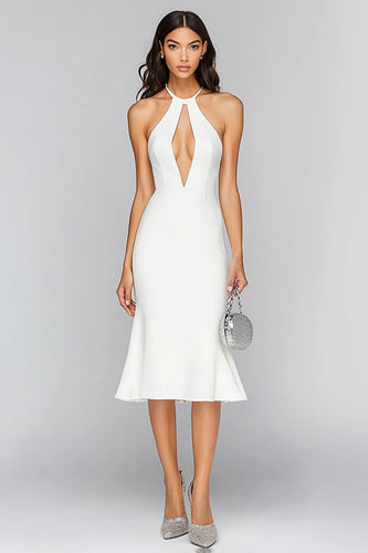 White Mermaid Keyhole Satin Mid-Calf Graduation Dress