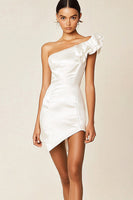 Load image into Gallery viewer, White Satin Bodycon One Shoulder Graduation Dress with Ruffles