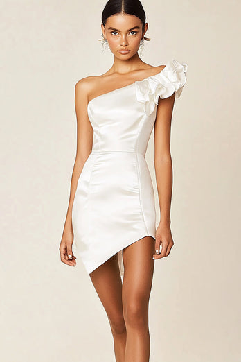 White Satin Bodycon One Shoulder Graduation Dress with Ruffles