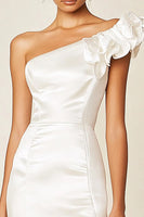Load image into Gallery viewer, White Satin Bodycon One Shoulder Graduation Dress with Ruffles