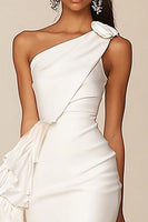Load image into Gallery viewer, White Satin Ruffled One Shoulder Bodycon Short Bachelorette Party Dress