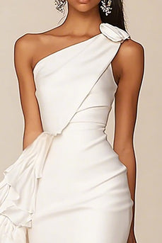 White Satin Bodycon Ruffled One Shoulder Graduation Dress