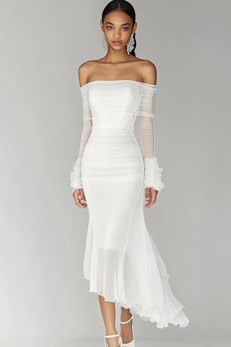 White Chiffon Mermaid Ruffled Long Graduation Dress with Sleeves