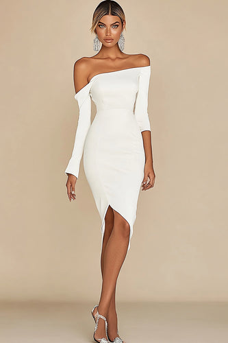White Satin Asymmetrical Knee-Length Graduation Dinner Dress