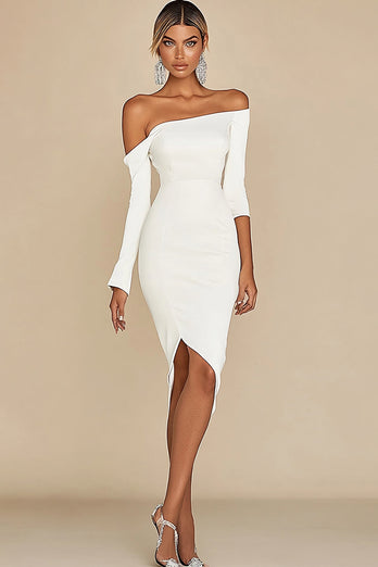 White Satin Asymmetrical Knee-Length Graduation Dinner Dress