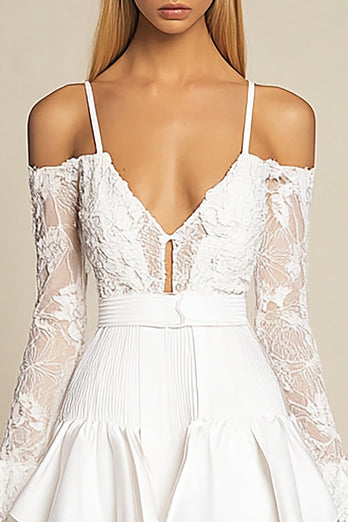 White Chiffon Bodycon Cold Shoulder Graduation Dress with Lace