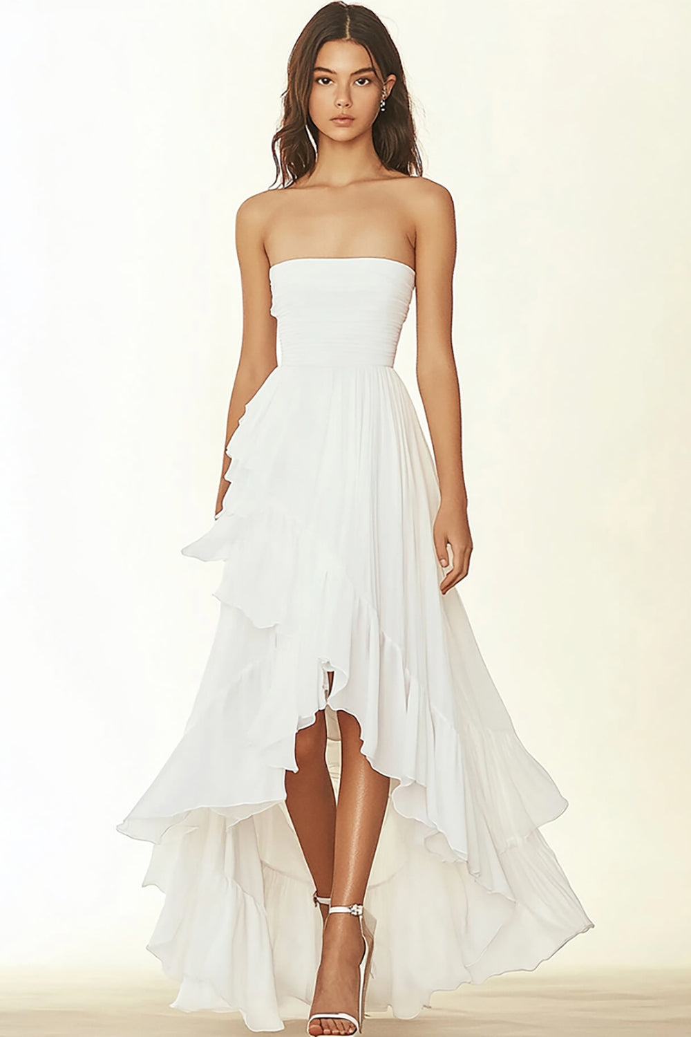 White A Line Chiffon Ruffled Asymmetrical High Low Graduation Dress