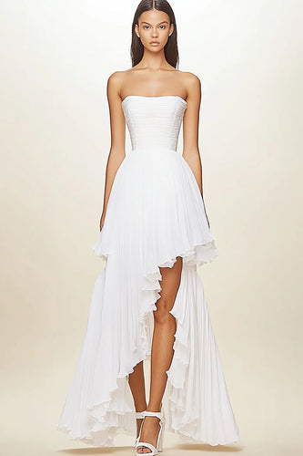 White Pleated Chiffon A Line High Low Graduation Dress with Ruffles
