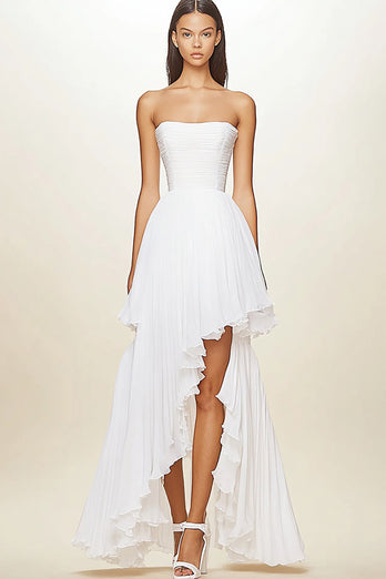 White Pleated Chiffon A Line High Low Graduation Dress with Ruffles