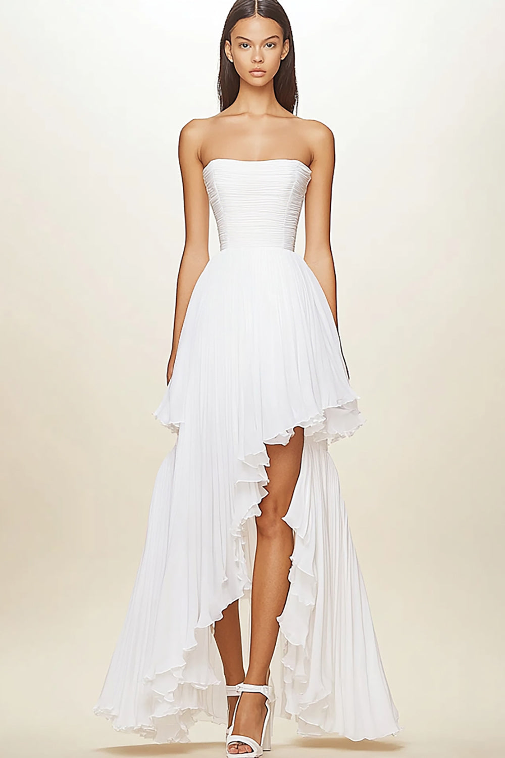 White Pleated Chiffon A Line High Low Graduation Dress with Ruffles