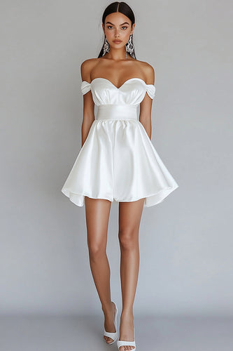 White A Line Off the Shoulder Satin Graduation Dress