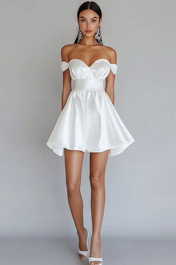 White A Line Off the Shoulder Satin Graduation Dress