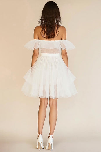 White Ruffled A Line Off the Shoulder Tulle Graduation Dress