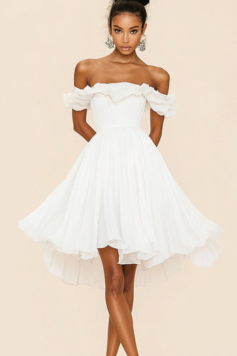 White A Line Chiffon Pleated Graduation Dress with Ruffles
