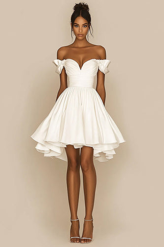 White Satin A Line Ruched Off the Shoulder Graduation Dress
