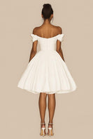 Load image into Gallery viewer, White Satin A Line Ruched Off the Shoulder Graduation Dress
