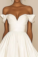 Load image into Gallery viewer, White Satin A Line Ruched Off the Shoulder Graduation Dress