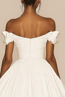 Load image into Gallery viewer, White Satin A Line Ruched Off the Shoulder Graduation Dress