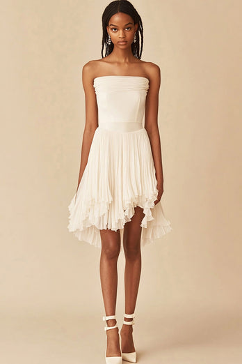 White Strapless A Line Pleated Graduation Dress