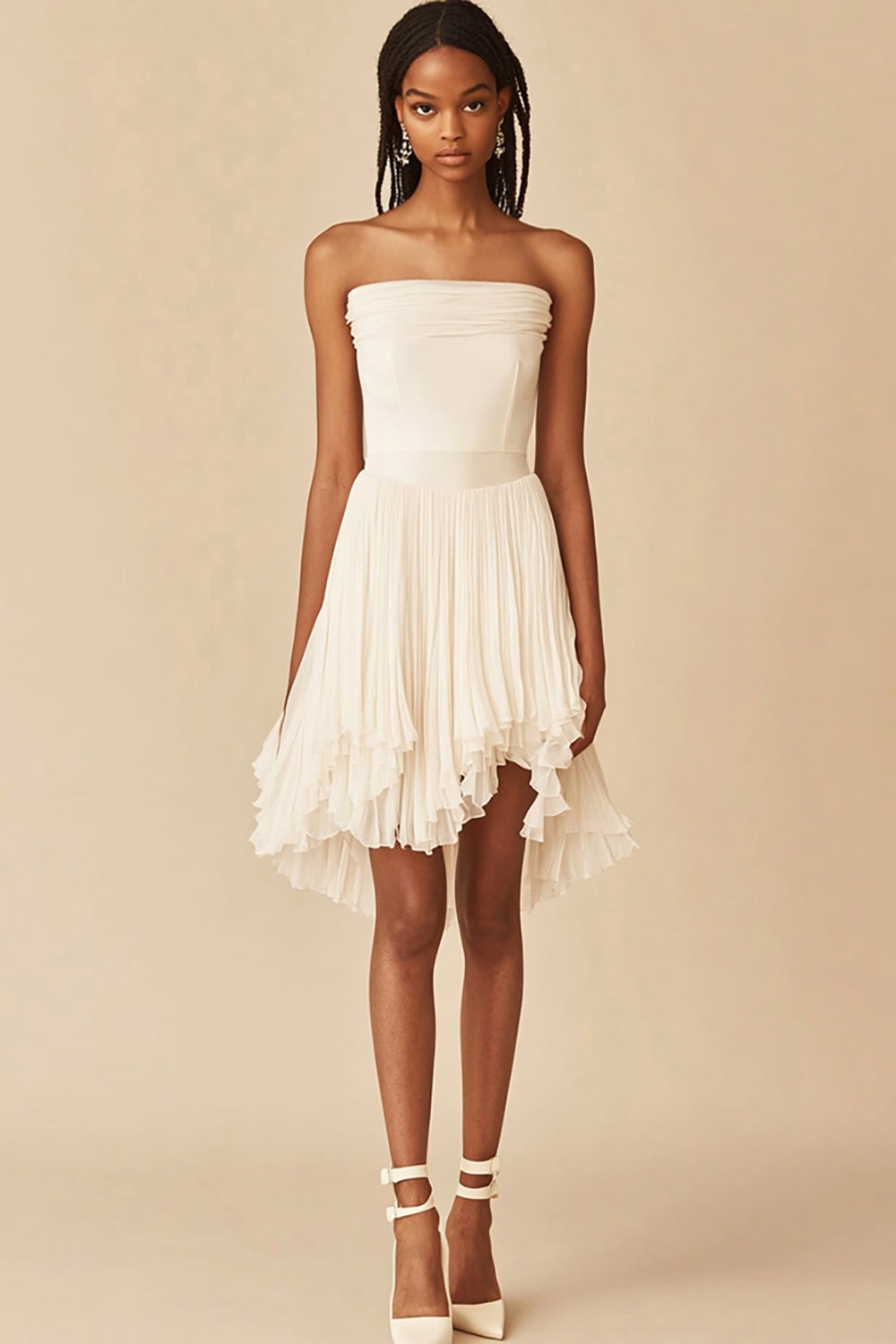 White Strapless A Line Pleated Graduation Dress